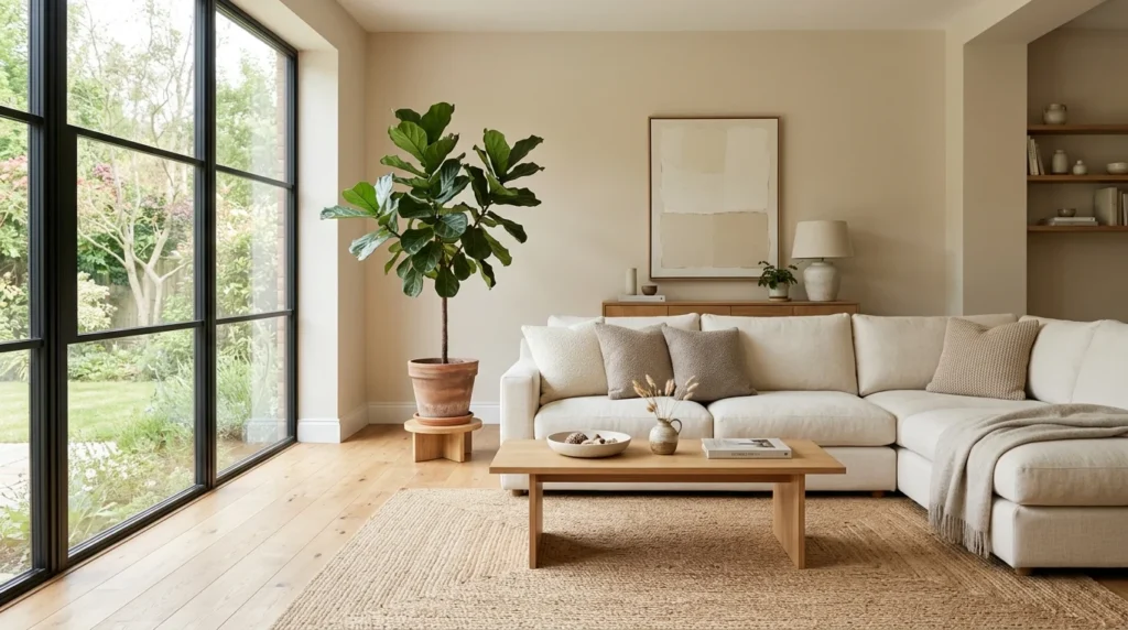 Fiddle leaf fig adding warmth to a minimalist living room.