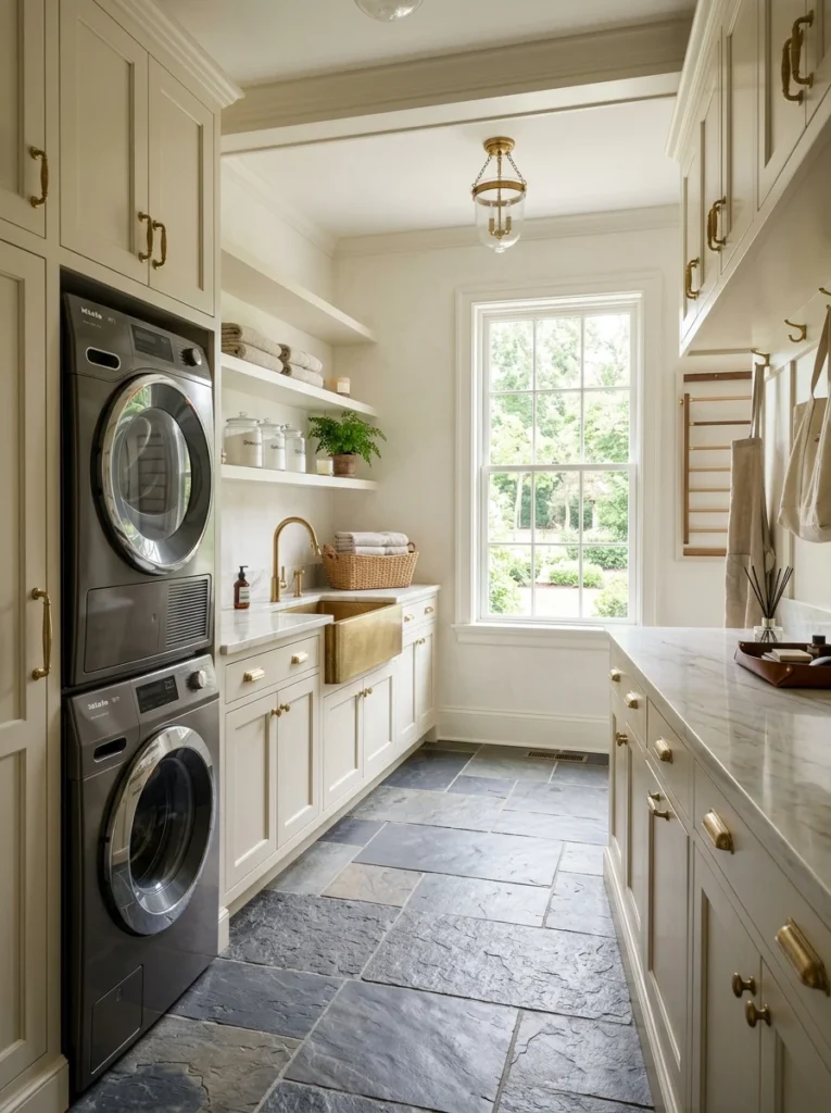 Luxury laundry room with elegant natural stone flooring.