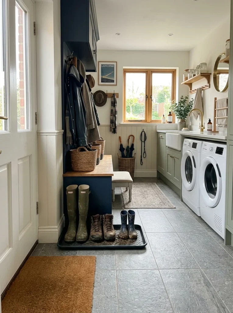Waterproof boot tray protecting laundry room flooring from muddy shoes.
