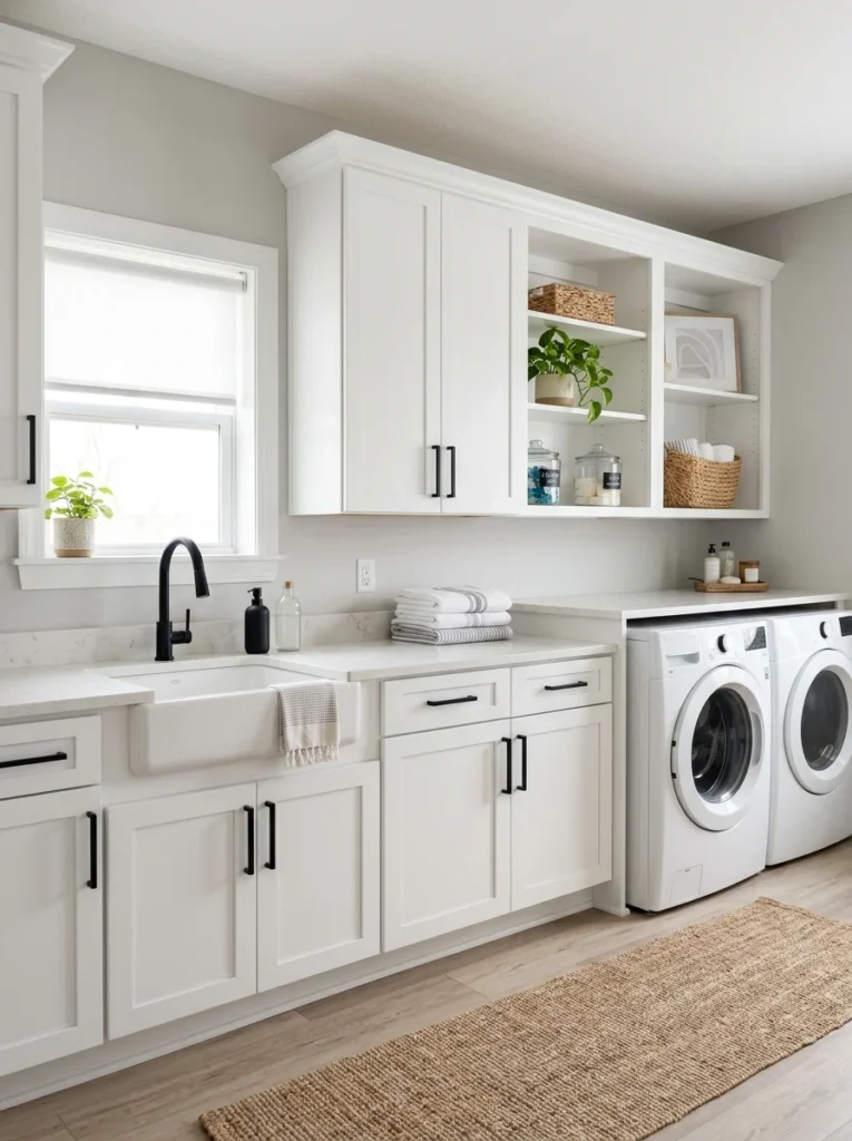 Laundry room cabinets updated with fresh paint and new hardware.