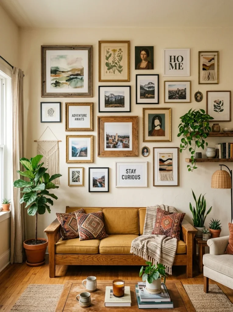 Eclectic gallery wall with mixed frame sizes.