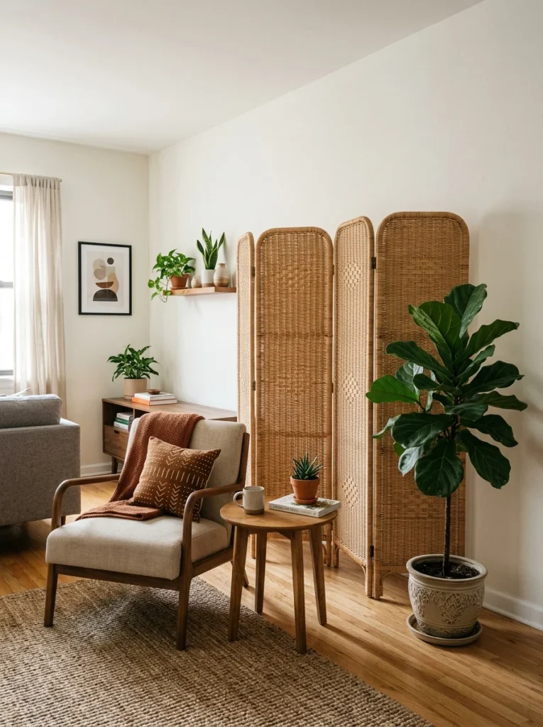 Stylish rattan folding screen adding visual interest without drilling walls