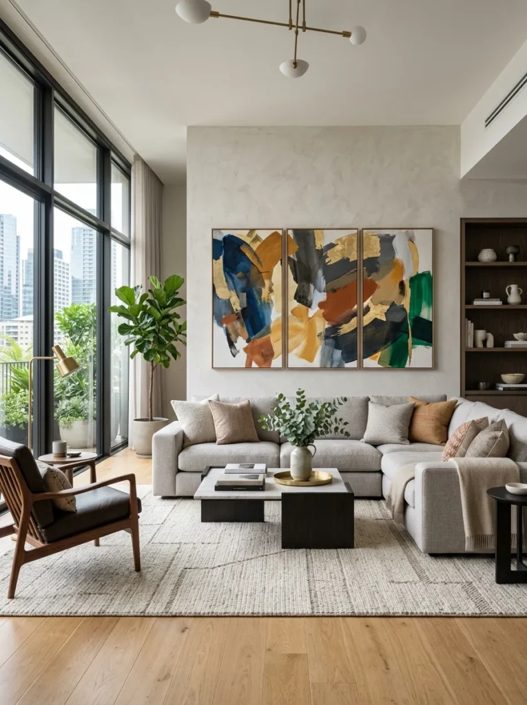 Elegant living room with artwork that complements the décor without matching every color exactly.