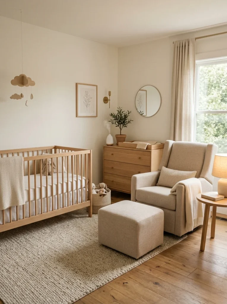 Minimal nursery showcasing a quality wooden crib, comfortable glider, and practical furniture.