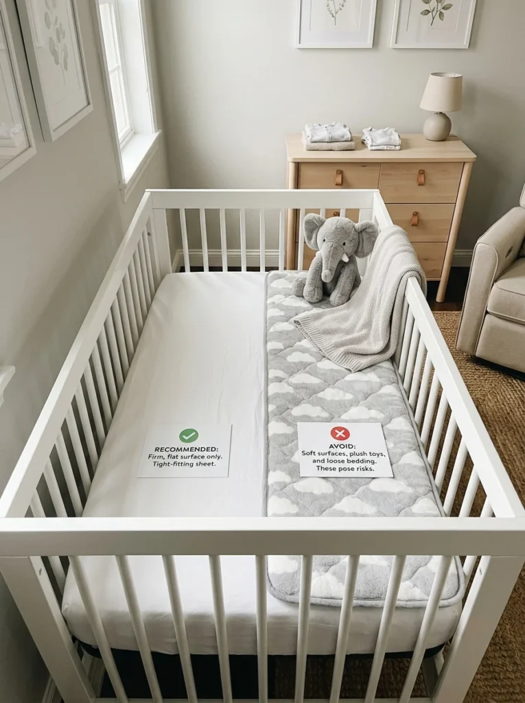 Firm baby mattress recommended for safe infant sleep.