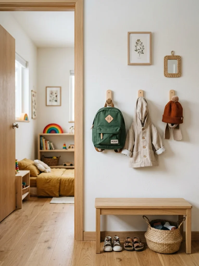 Low wall hooks allowing toddlers to hang their own jackets and bags.
