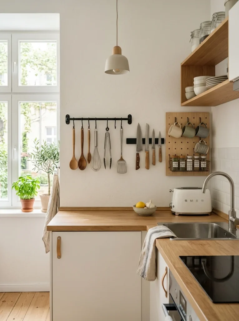 Small kitchen using wall-mounted storage to free up valuable countertop space.