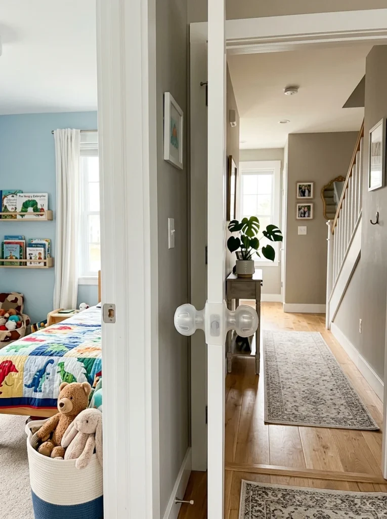 Bedroom door with childproof doorknob cover and safe hallway access.