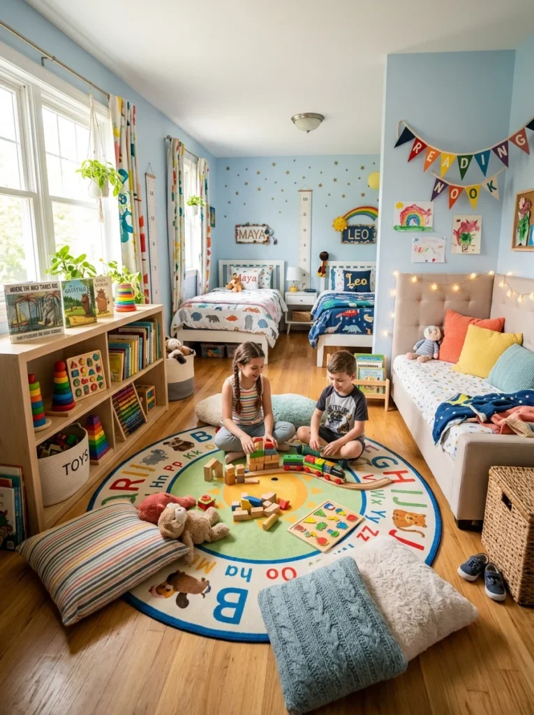 Cozy shared play area inside a sibling bedroom with reading corner.