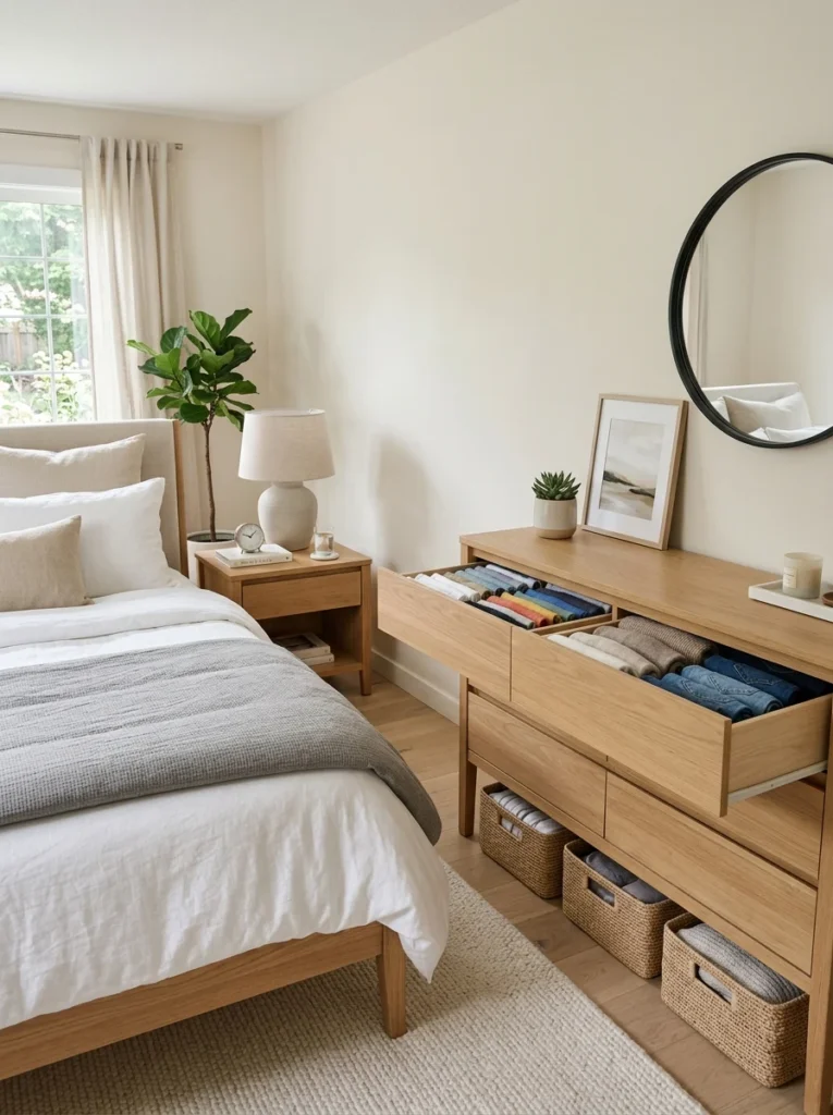 Organized bedroom with tidy drawers and under-bed storage.