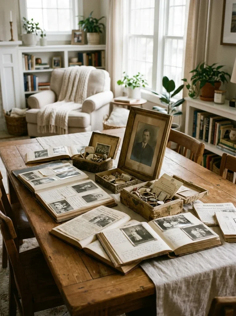 Family sharing memories while sorting heirlooms and sentimental belongings.