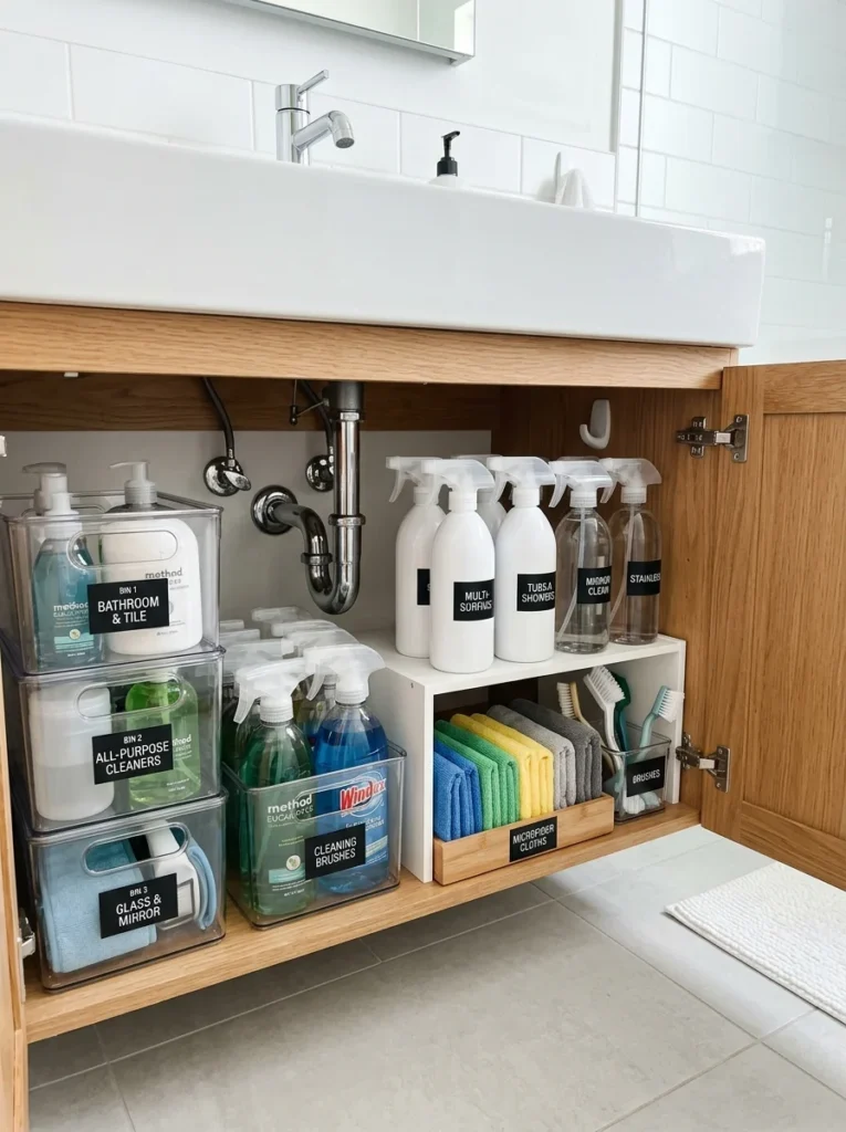Cleaning supplies neatly organized beneath a bathroom sink.