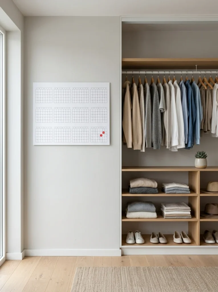 Organized closet with annual decluttering reminder.