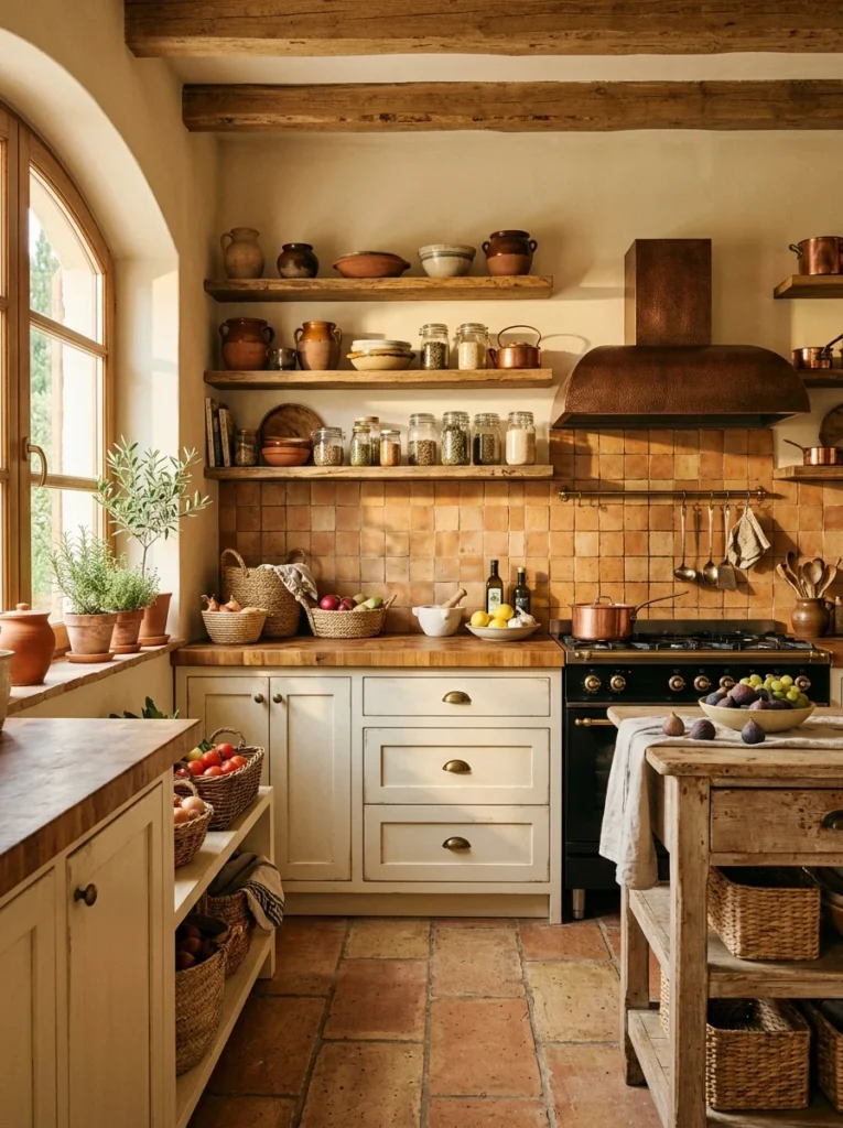 Cozy kitchen with cream cabinets, terracotta tiles, and earthy decor.