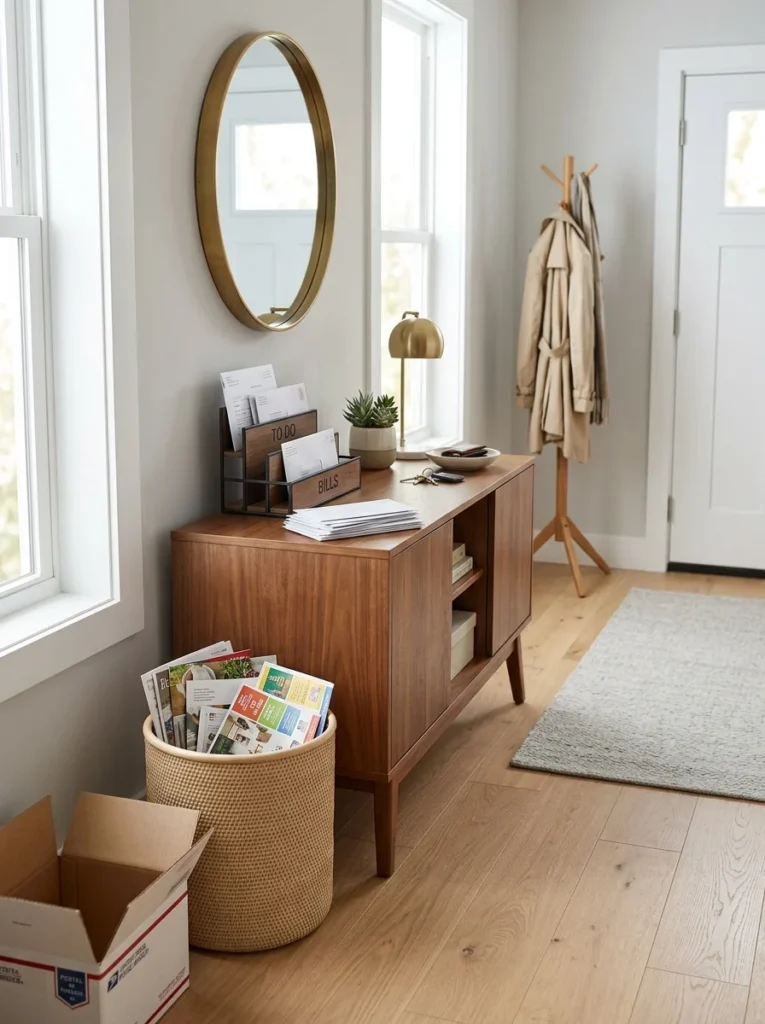Person organizing mail immediately after entering the house.