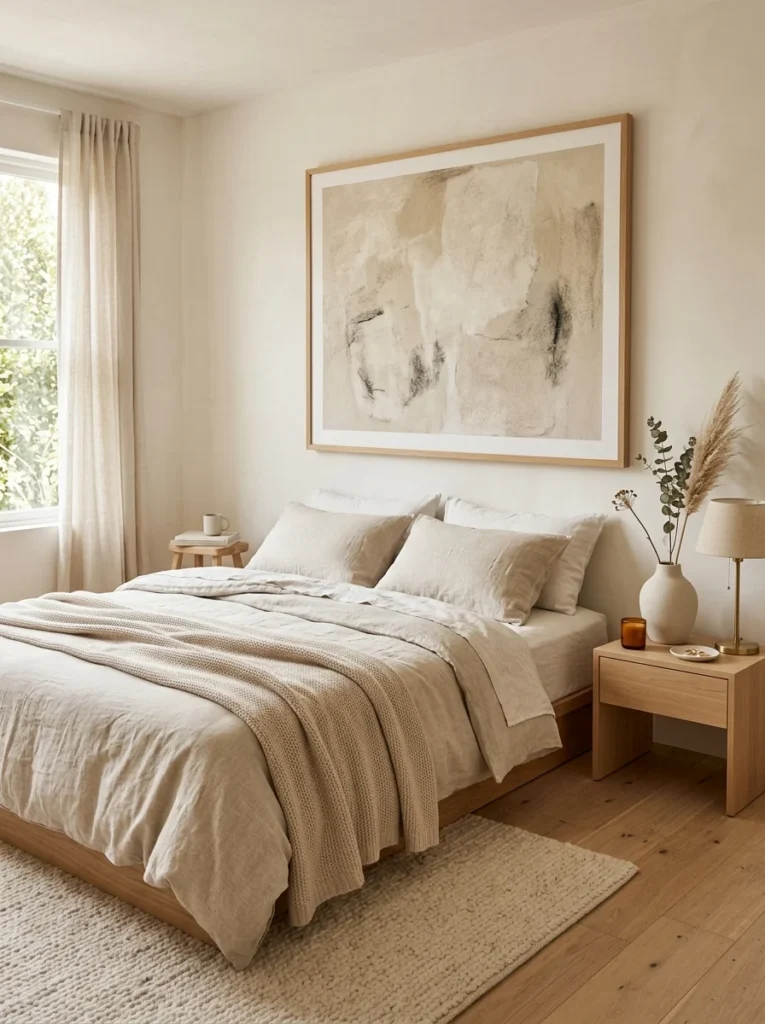 Bedroom decorated with carefully chosen artwork and simple decorative accessories.