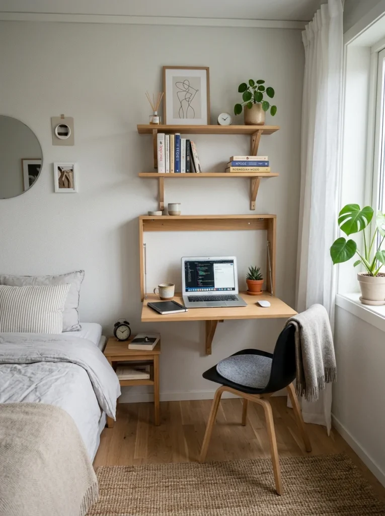 Loft bed creating extra workspace and storage in a compact bedroom.