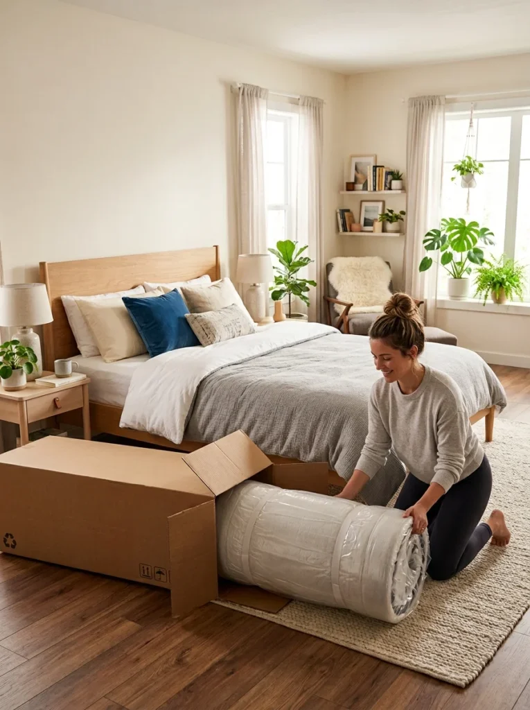 New mattress being unpacked at home during an online mattress trial period.