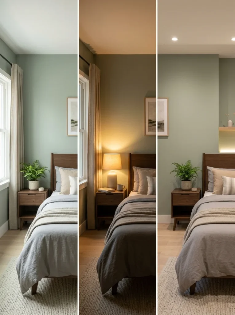 Bedroom showing how lighting changes wall color appearance.