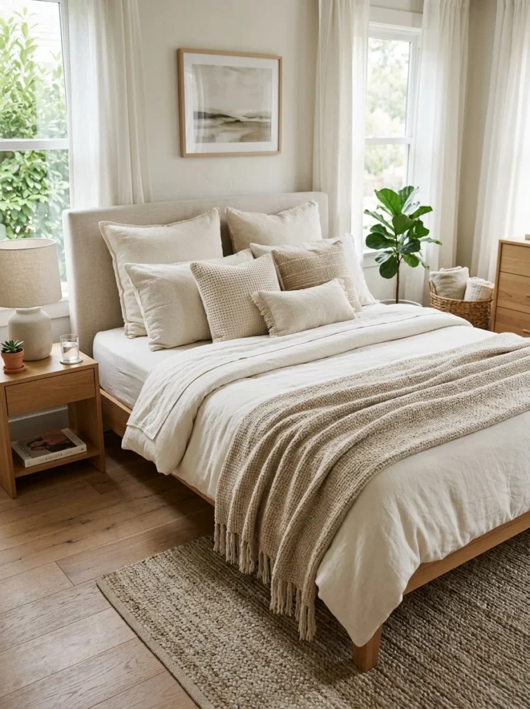 Decorative throw blanket layered across the foot of a stylish bed.