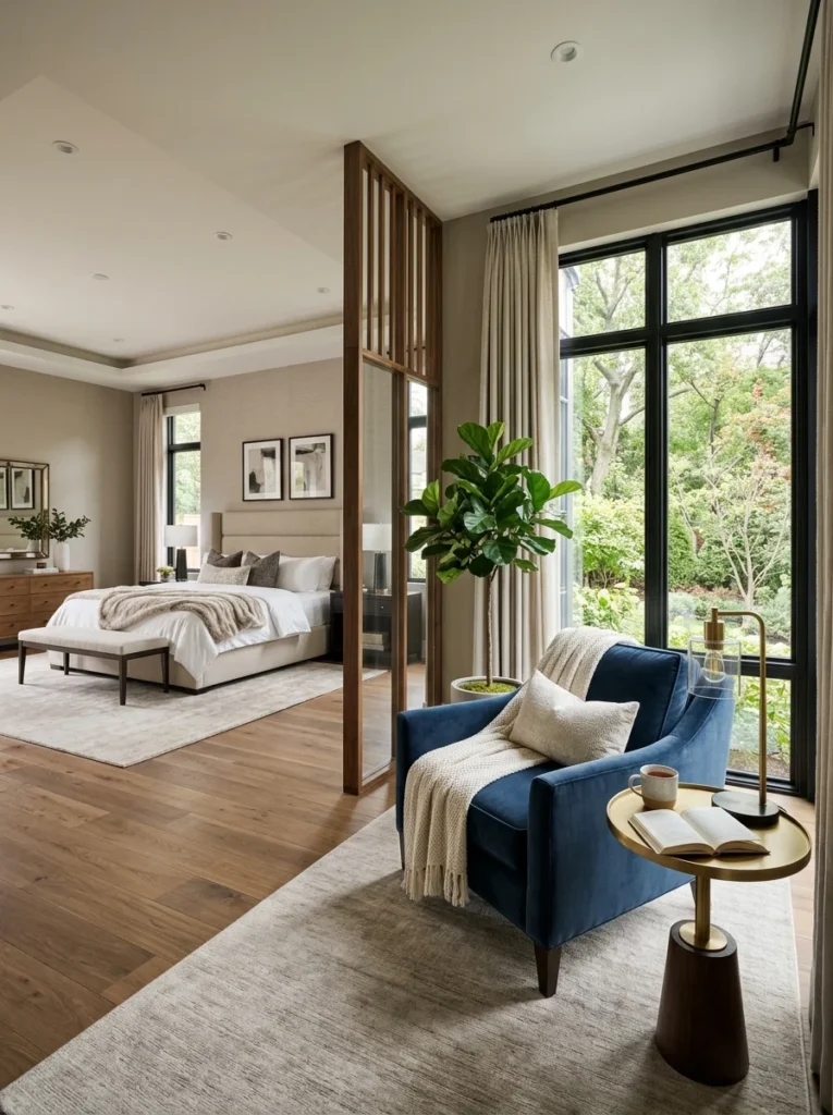 Master bedroom featuring a separate reading area with an accent chair near a sunny window.