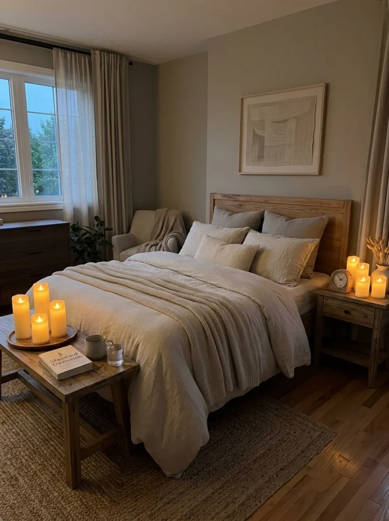 Cozy bedroom illuminated with warm flameless LED candles.
