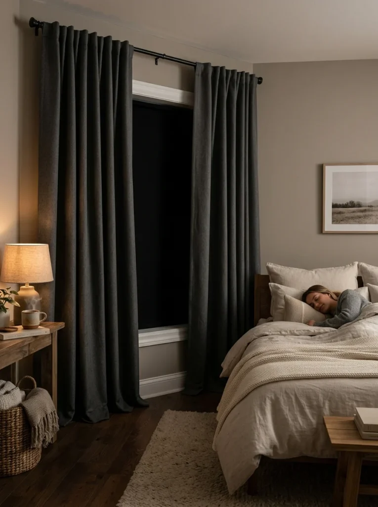 Thick blackout curtains helping insulate a bedroom and reduce outside noise.