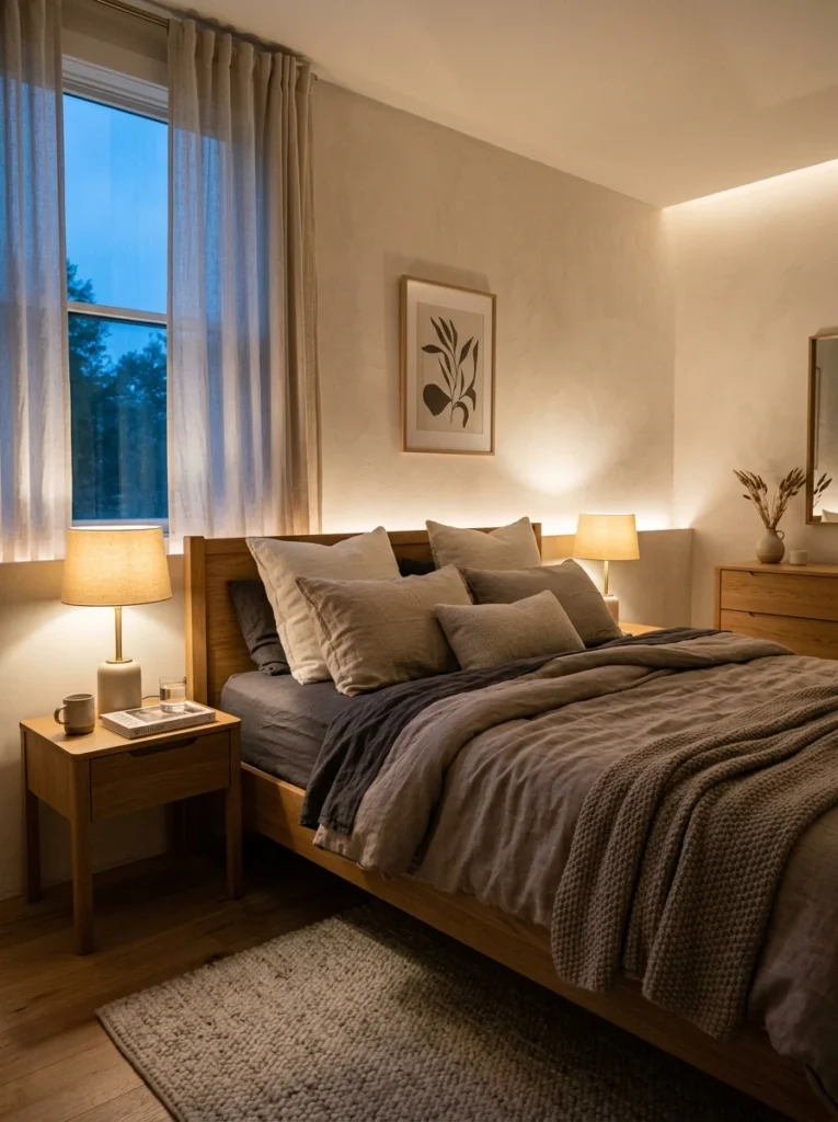 Cozy minimalist bedroom illuminated with warm bedside lamps and soft layered lighting.