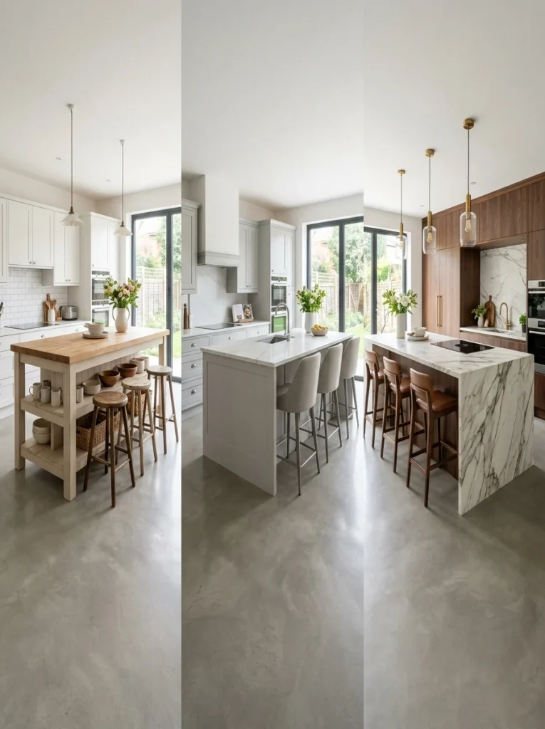 Comparison of DIY, mid-range, and luxury kitchen island designs.