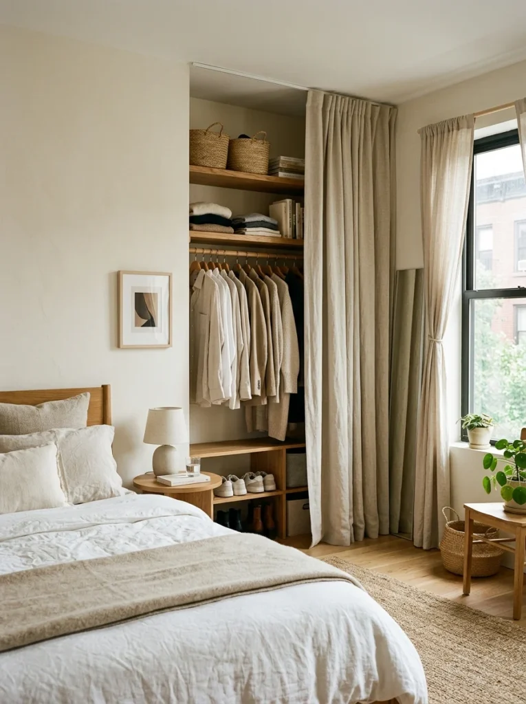 Curtain creating a concealed storage area for clothes in a bedroom without a closet.