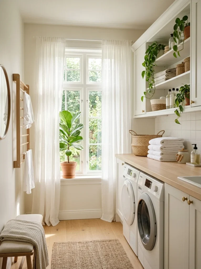 Bright laundry room with sunlight streaming through a large window onto a clean folding area.