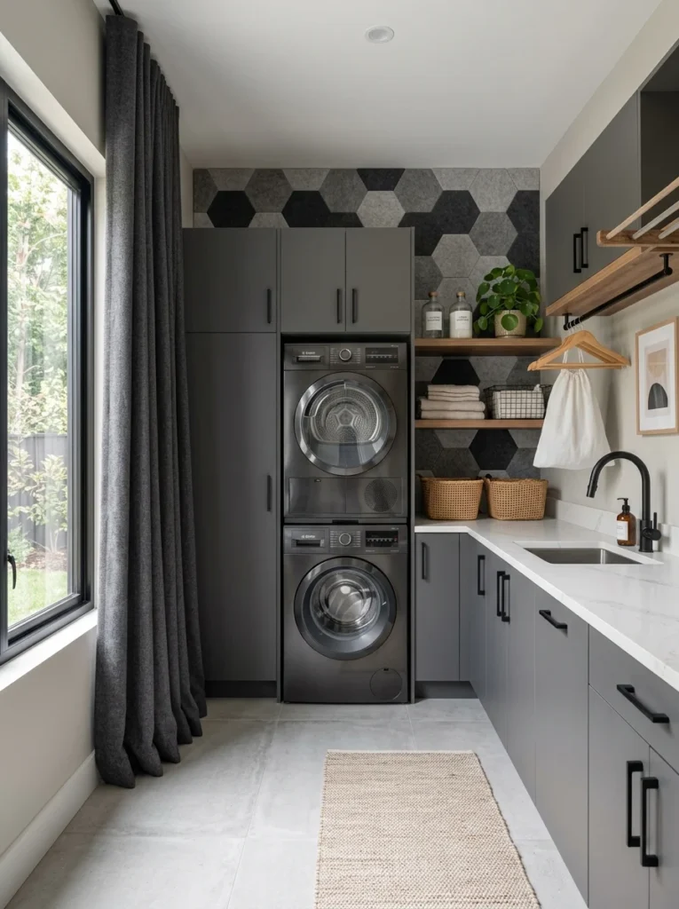 Laundry room with acoustic wall panels and heavy curtains to absorb sound.