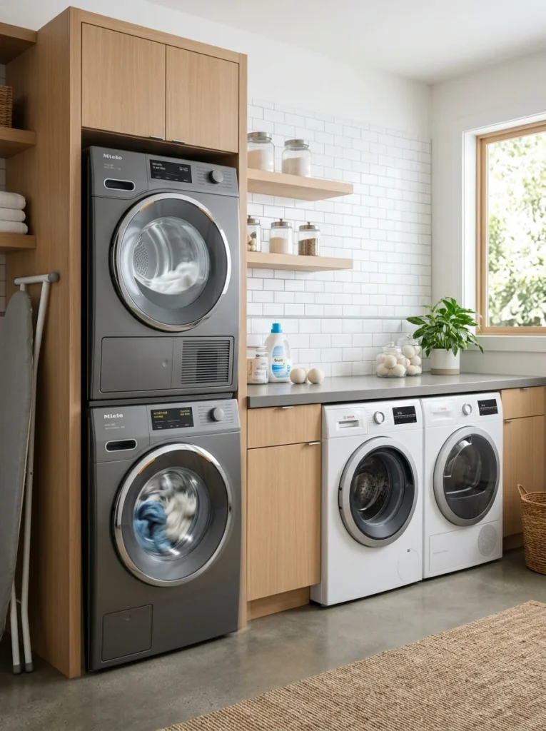 Comparison of vibration between stacked and side-by-side laundry machines.