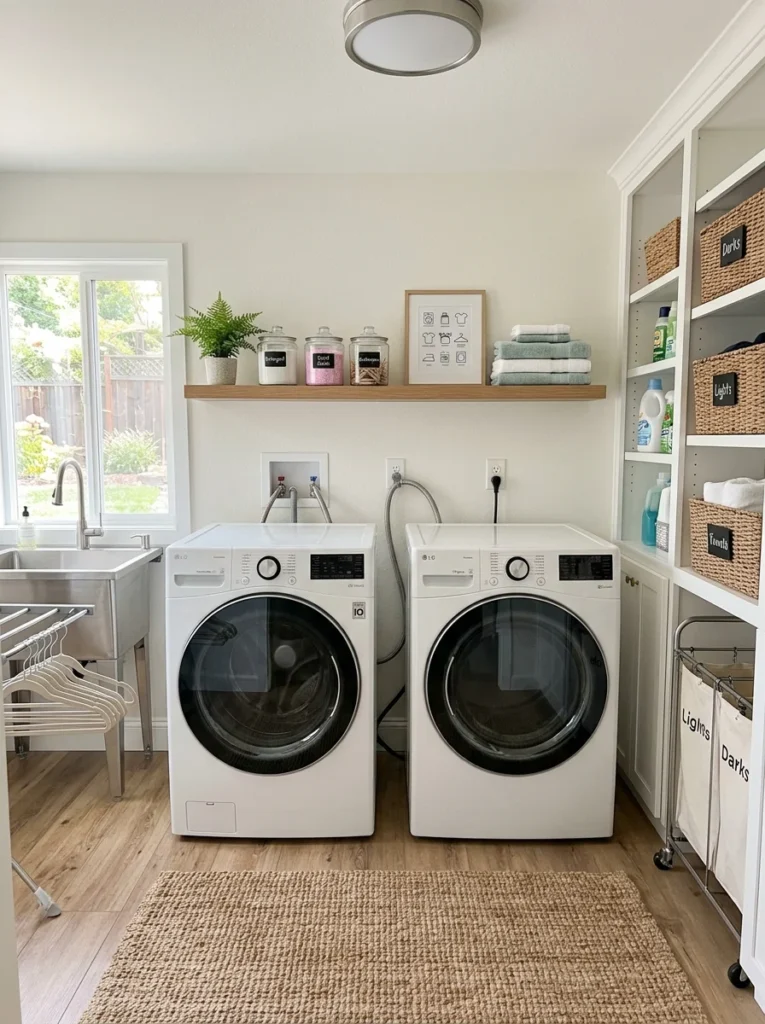 Washer and dryer spaced away from the wall to improve ventilation.