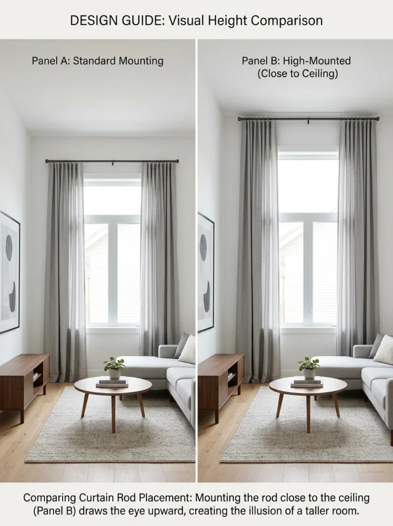 High-mounted curtain rod creating the illusion of taller ceilings.