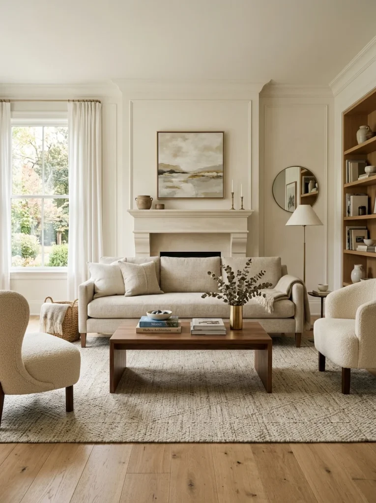 Classic neutral furniture with clean lines and elegant styling.