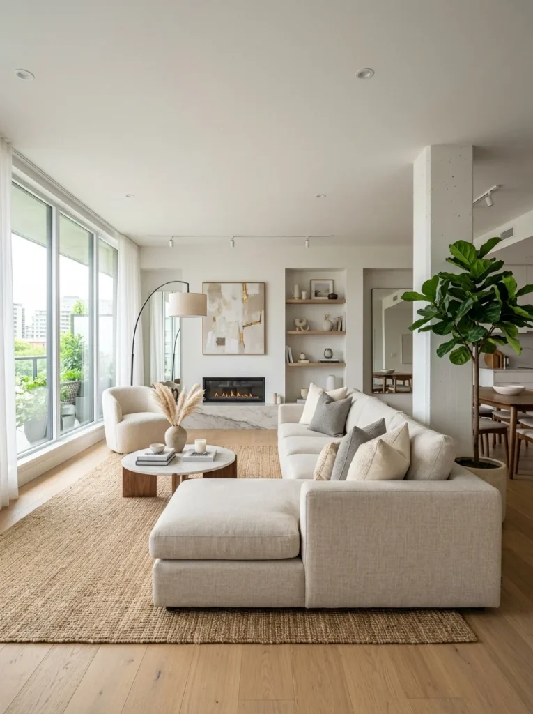 Sectional sofa partially hiding an awkward support column in the living room.