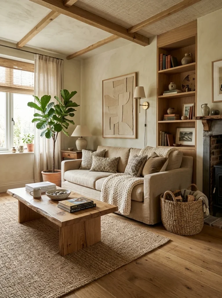 Living room with textures distributed across different surfaces and heights.