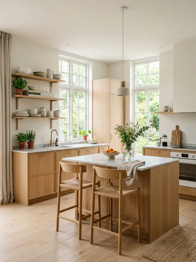 Bright modern kitchen using open shelving to create a larger and more open feeling.