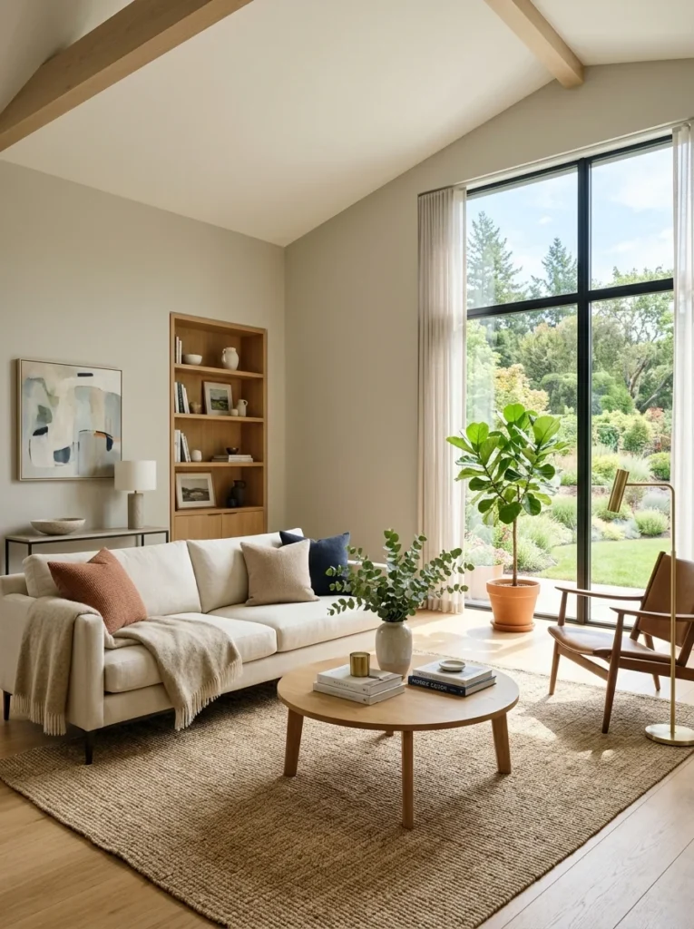 Living room with muted wall paint designed for strong natural sunlight.