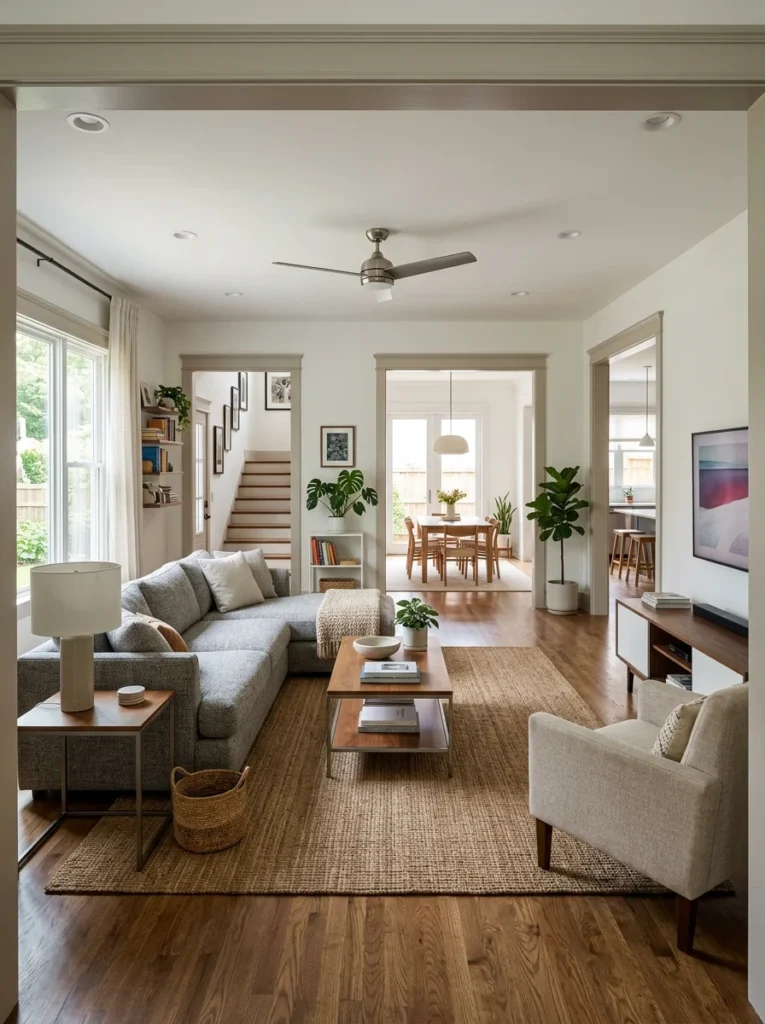 Living room furniture arranged to preserve clear pathways between multiple doorways.