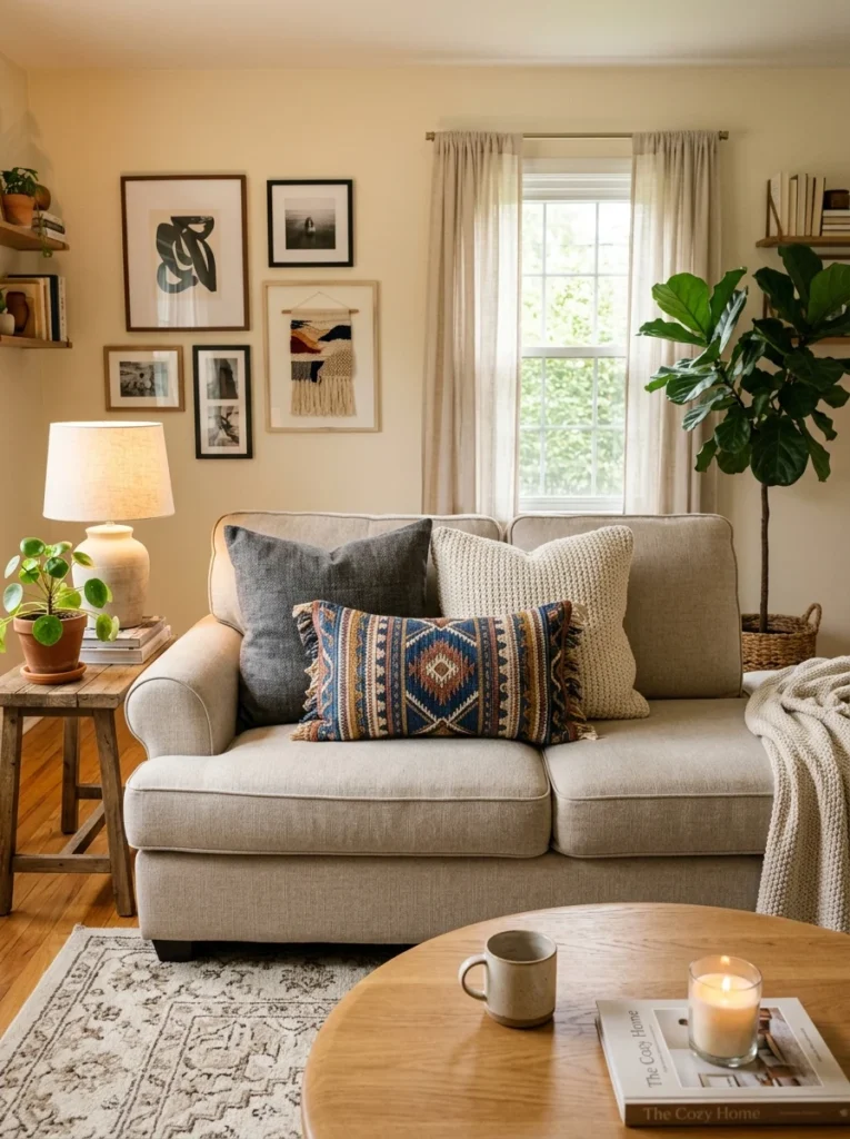 Decorative lumbar pillow layered with square cushions on a sofa.