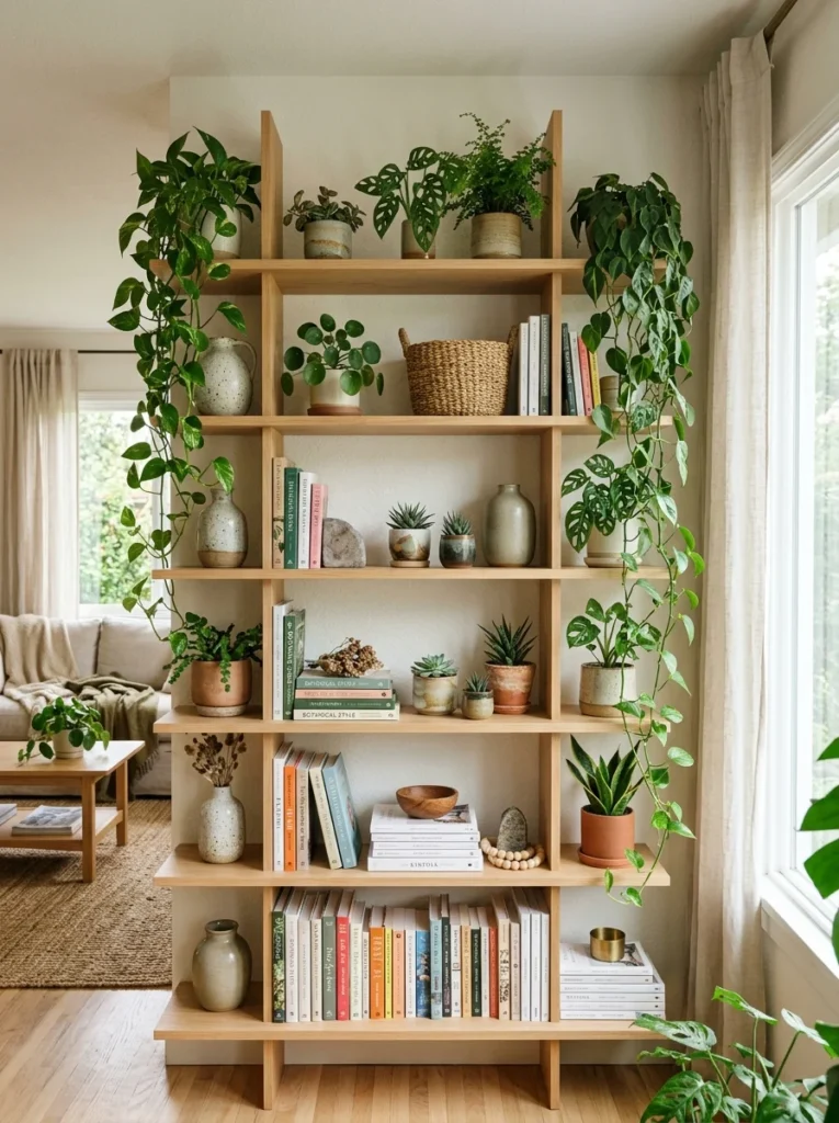 Modern open shelves featuring small houseplants among books and decorative accents.