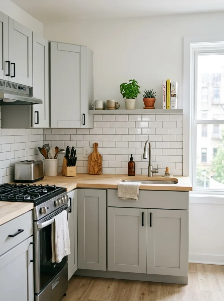Rental-friendly peel-and-stick backsplash tiles in a compact modern kitchen.