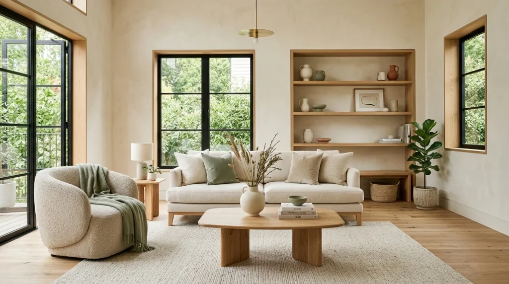 Warm neutral color palette with sage accents in a minimalist living room.