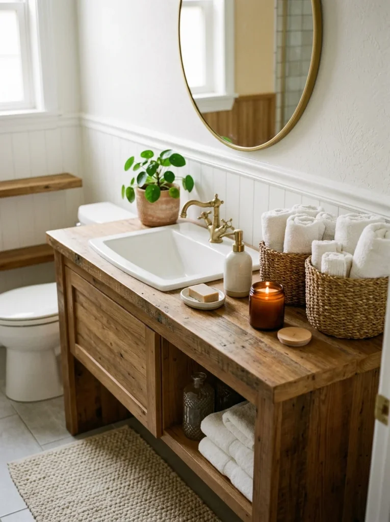 Guest bathroom decorated with plush towels, candles, plants, and accessories.