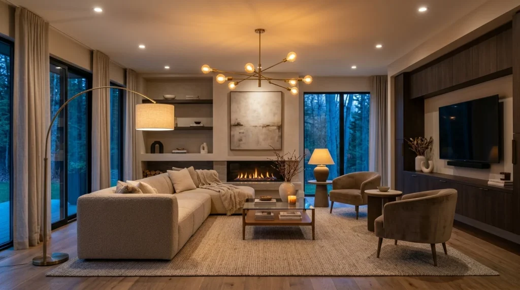 Warm white lighting in a modern living room creating a cozy and welcoming atmosphere.