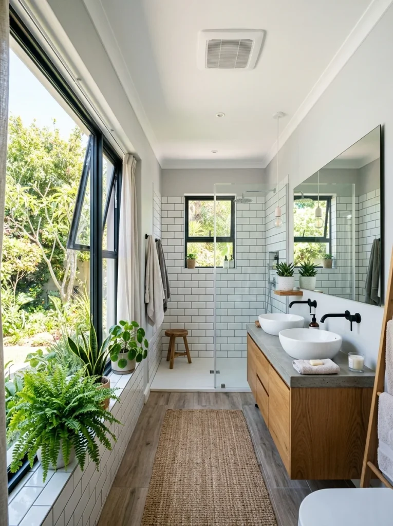 Bathroom with natural ventilation and efficient exhaust fan to reduce moisture.