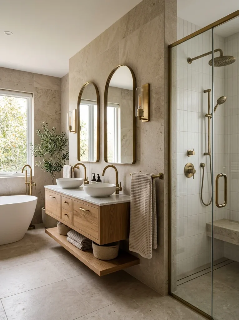 Warm brass faucets and hardware paired with natural wood vanity in a luxury bathroom.