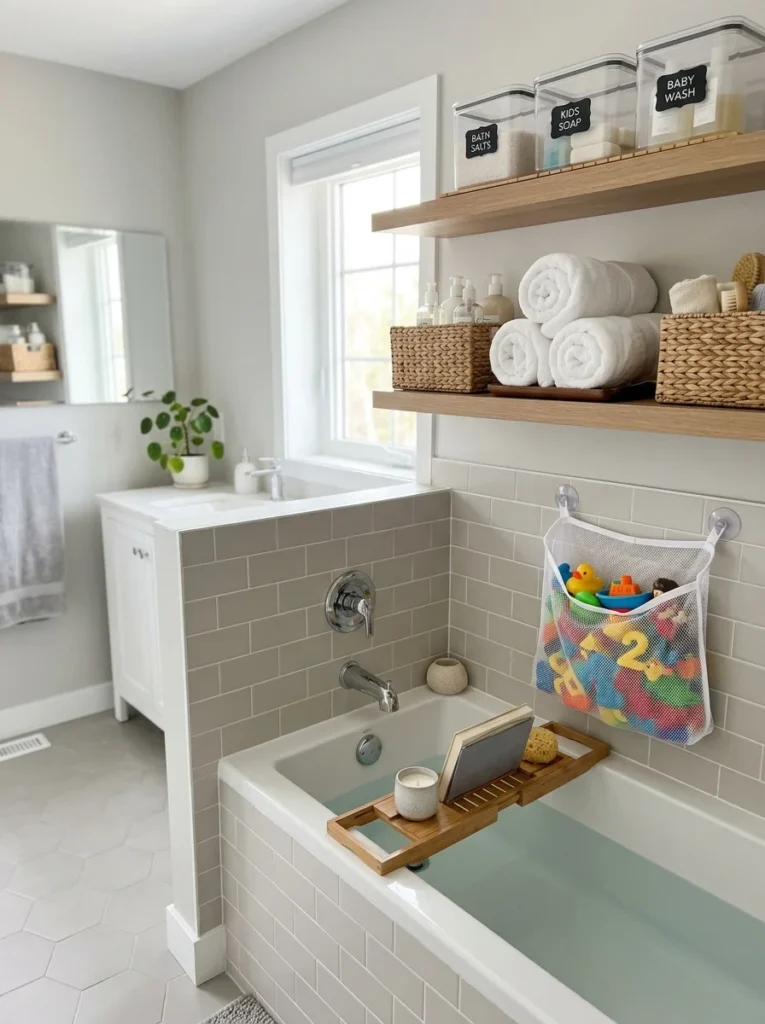 Hanging mesh organizer and storage baskets for bath toys.
